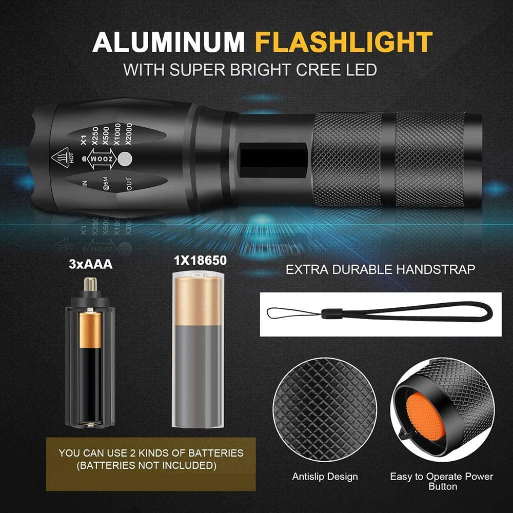 Zoomable Adjustable Focus Ultra-Bright Flashlights 3 Pack Portable 5 Light Modes for Indoor and Outdoor,Camping,Emergency,Hiking IP65 Water-Resistant 2000 Lumens XML-T6 LED Tactical Flashlight