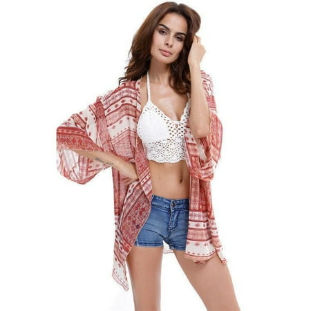 Womens Floral Print Swim Wear Beach Bikini Cover Up Dress Kaftan Kimono Shirt Dress