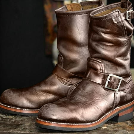 

Homchy Half Boots Men Leather Round Head Middle Top Cowhide Cowboy Boots Flat Bottomed Boots