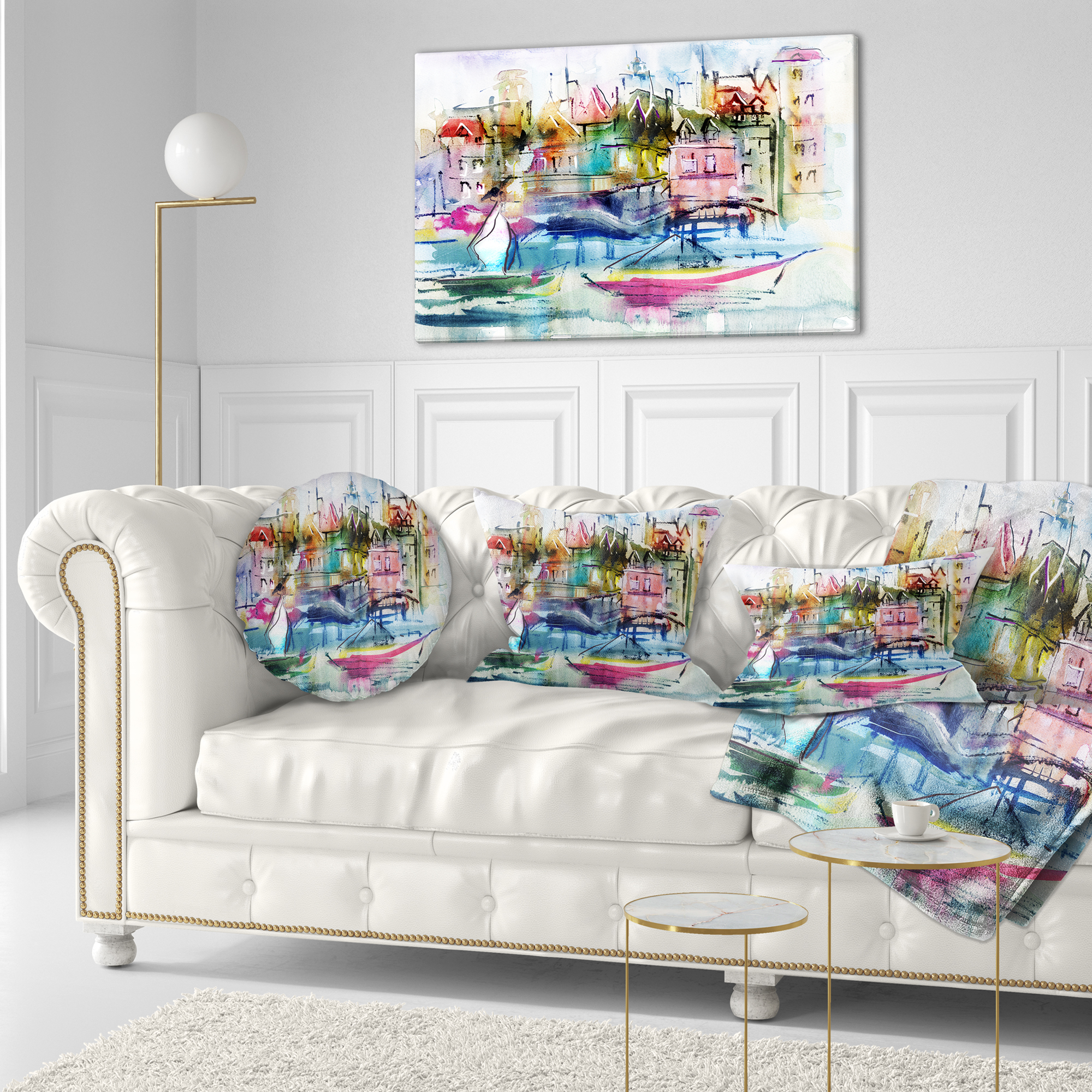 Designart Houses and Boats - Landscape Printed Throw Pillow - 12x20
