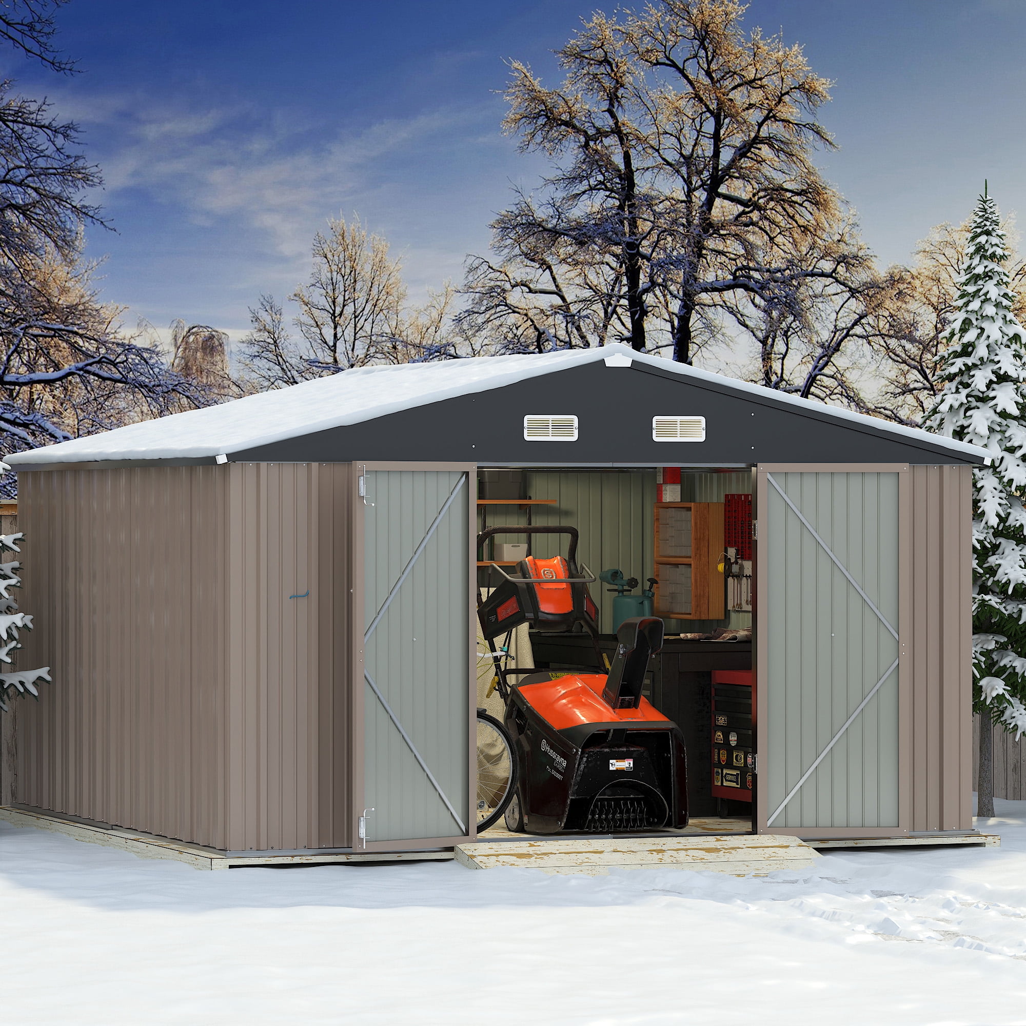 Devoko Spacious And Versatile Metal Storage Sheds, 76.40 x 120.00 x 121.00 inches, Brown