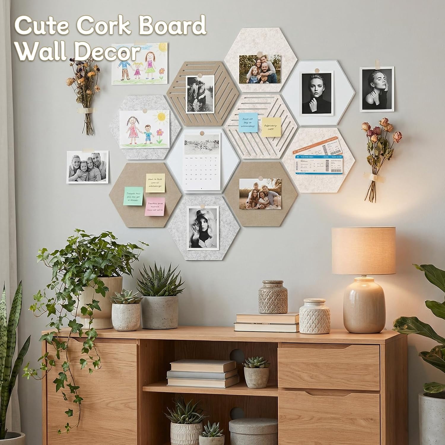 12'' Large Hexagon Cork Board Tiles – 10 Pack Adhesive Frameless Bulletin Board for Office & Home Wall Decor, Vision Board with 35 Push Pins, Decorative Pin Board for Photos & DIY