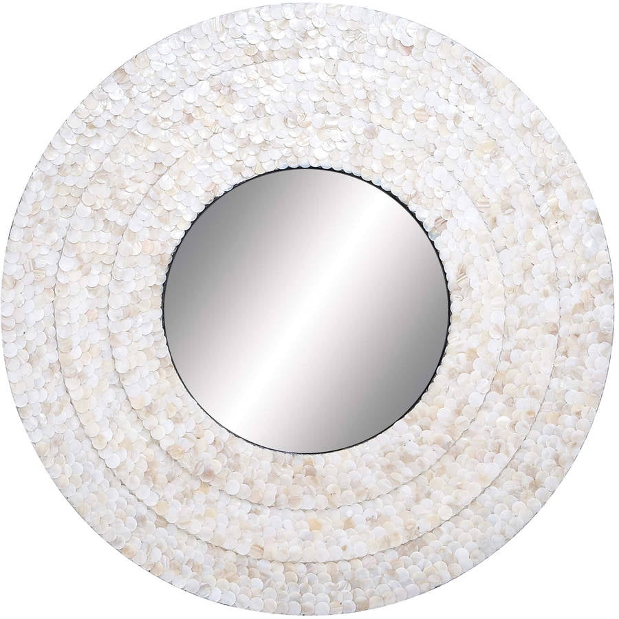 Decmode Coastal 32 Inch White Round Wood and ShellInlaid Wall Mirror