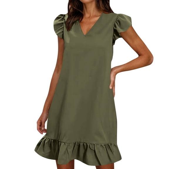 Ecqkame 2025 Womens Summer Dresses Solid Color V-Neck Ruffle Cap Vacation Dress Short Sleeve Pleated Hem Side Pockets Midi Dress Green S