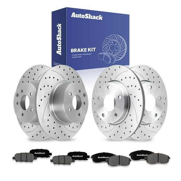 AutoShack Front Vented & Rear Solid Drilled & Slotted Coated Brake Rotors Silver Matte Finish   Premium Ceramic Pads 12-PC Brake Kit Replacement for 2009-2013 Nissan Altima TurboGuard