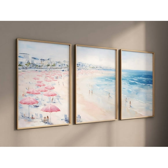 3 Print Set Coastal Decor, Set of 3 Pink Coastal Prints, Triptych Girly Apartment Painting Print, Vintage Beach Seascape