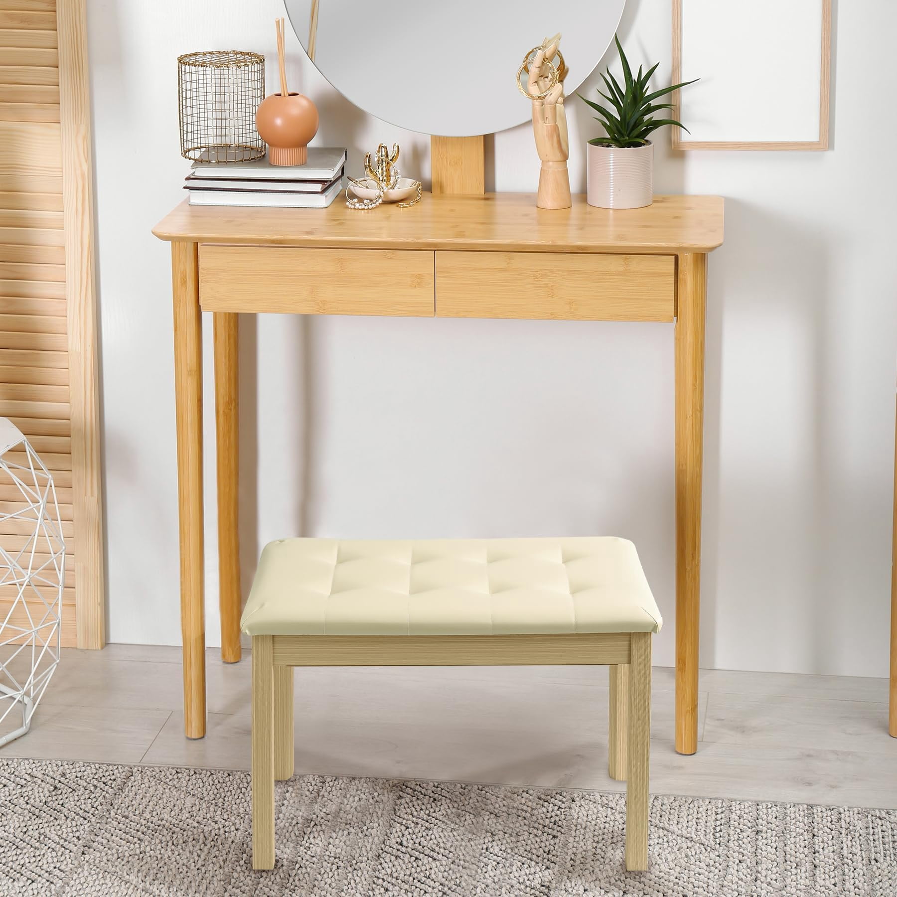 Duet Piano Bench Wooden Keyboard With Storage Compartment  29''piano Chair Seat Padded Cushion Long Stool Beige