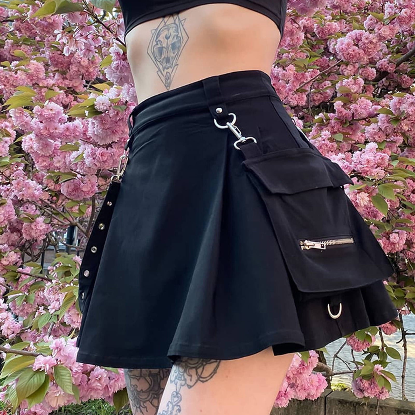 Women Midi Side Split Skirt Punk Gothic Irregular High Waist Black Fashion Black