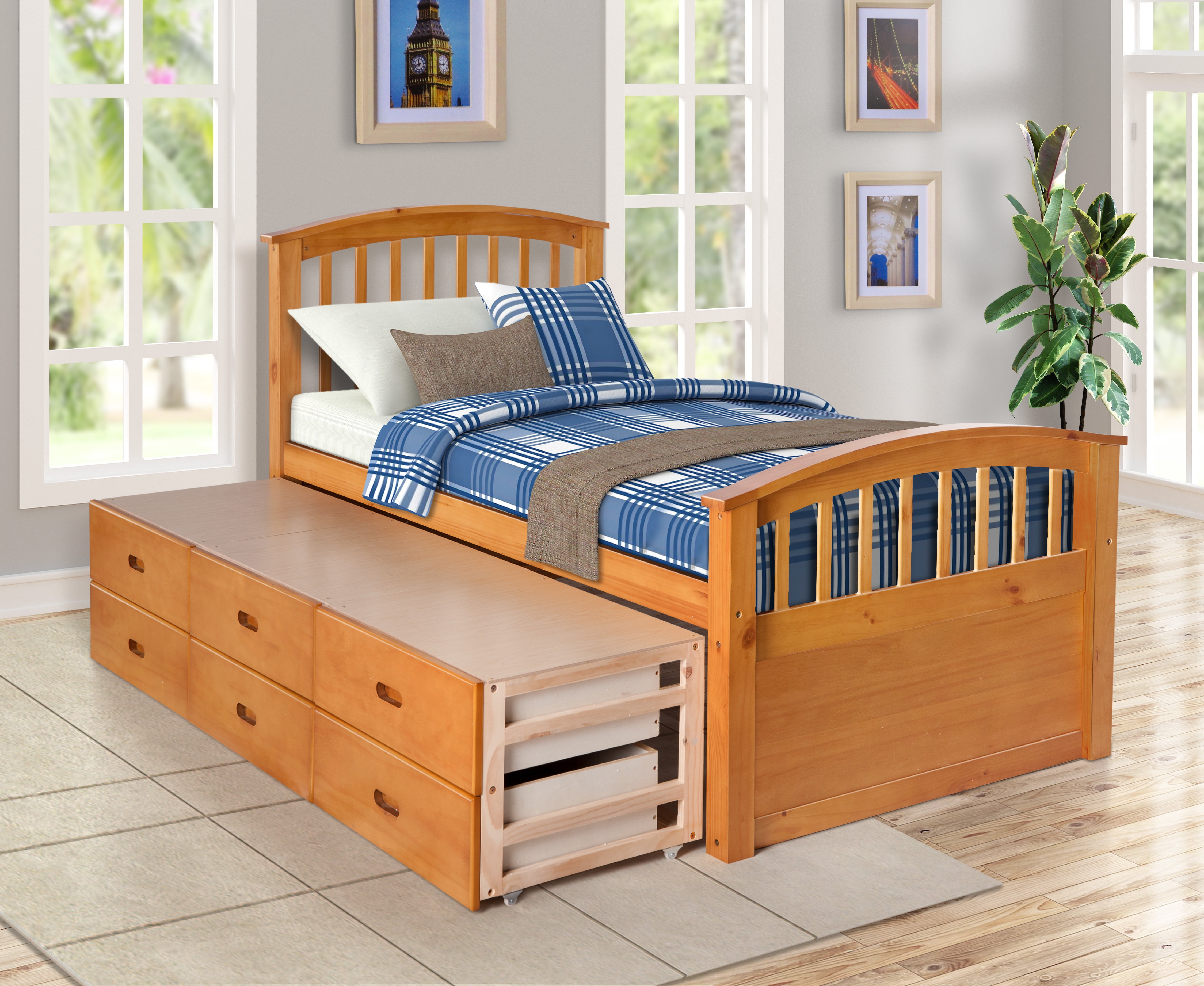 6-Drawer Storage Bed, BYMWAY Solid Wood Twin Size Platform Bed Storage
