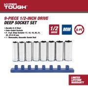 Hyper Tough 9-Piece 1/2-inch Drive Deep Metric Socket Set (mm)