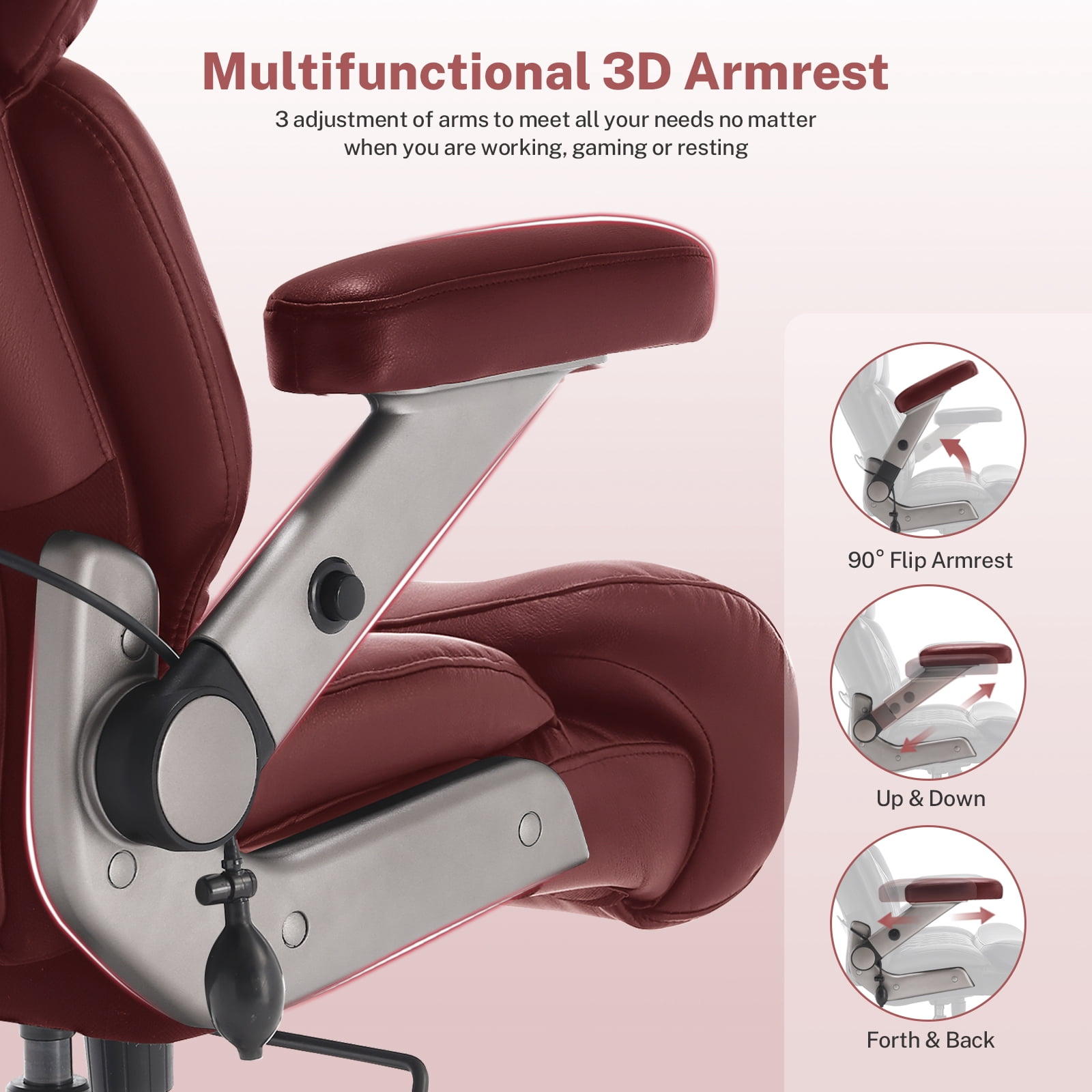 WOSDOM 700lbs Big and Tall Office Chair, Heavy Duty Executive Chair, Extra Wide Seat, Adjustable Headrest and Lumbar Support, 3D Flip up Arms, Burgundy