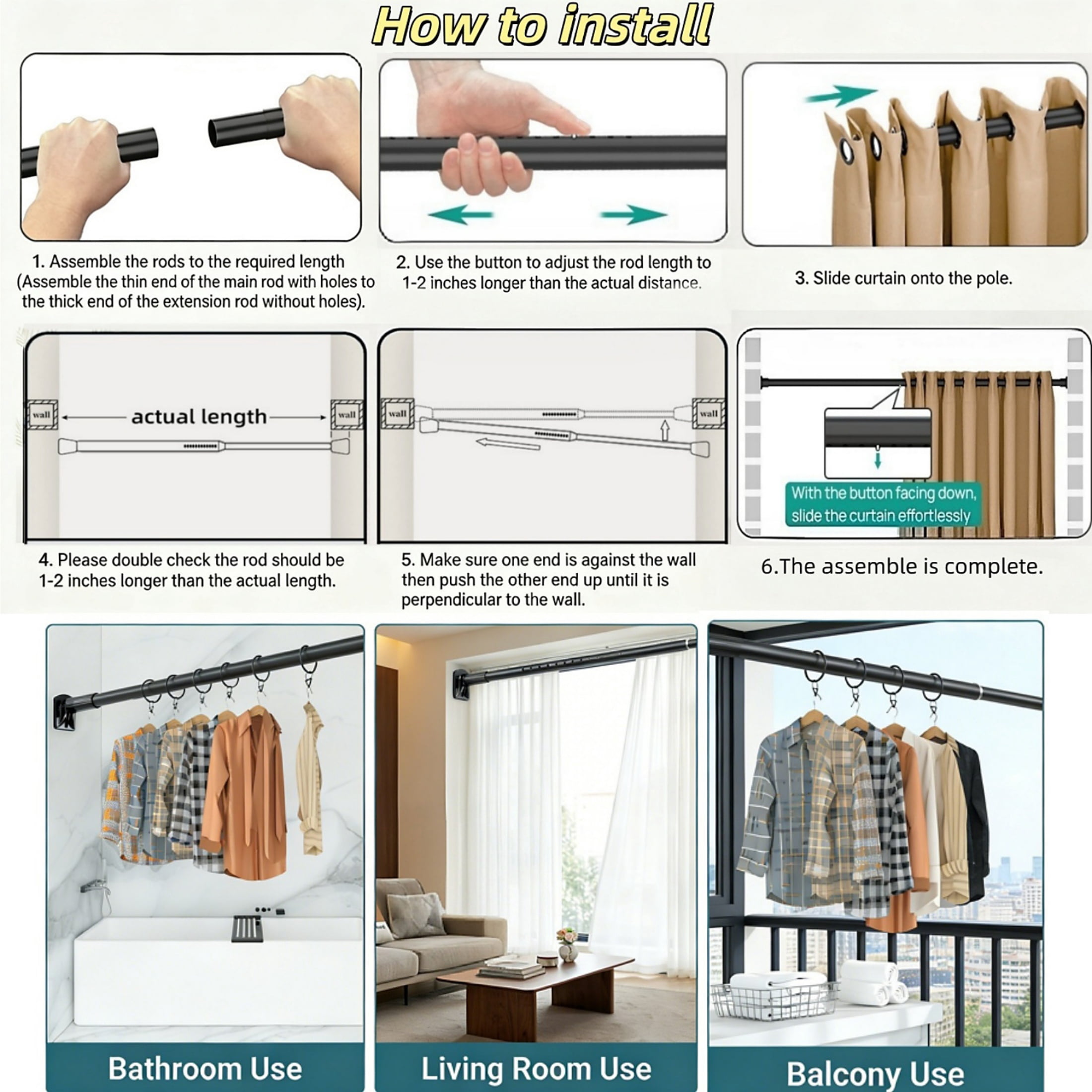 Mxdfafa Matte Black Heavy Duty Tension Curtain Rod, 28-43in No Drill Rustproof Carbon Steel Adjustable Rod for Bathroom, Closet, Balcony & Room Divider