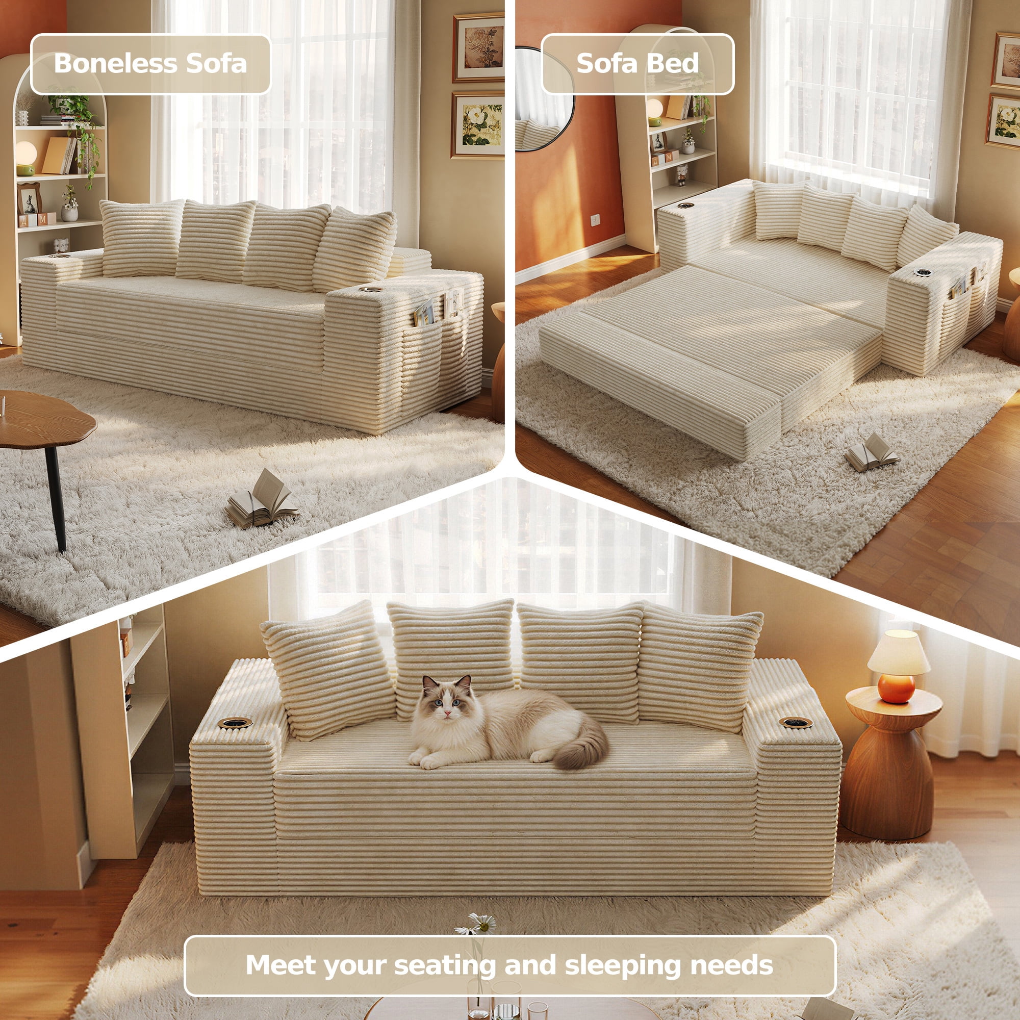 Leumius 2-in-1 Convertible Sofa Bed,Boneless Corduroy Modular Sleeper Couch with Cup Holders & Side Storage Pockets,Oversized Deep Seat Sofa for Living Room, Apartment, Guest Room,Cream