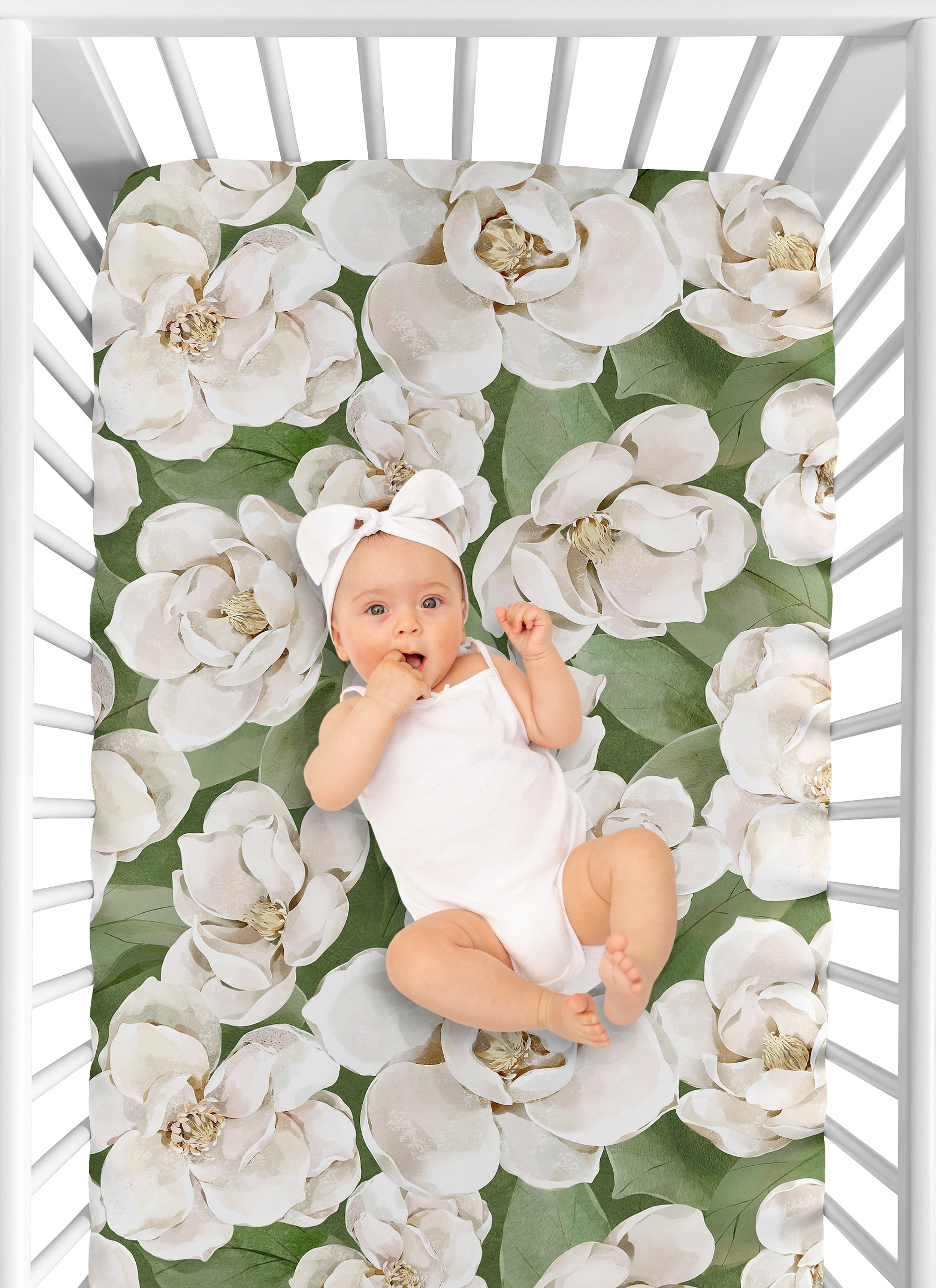Sweet Jojo Designs Watercolor Magnolia Green and Ivory Fitted Crib Sheet