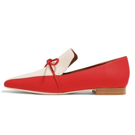 YDN Women Comfortable Bowknot Round Closed Toe Flats Loafers Slip on Stacked Low Heel Pumps Casual Office Lady Shoes Size 6 Red