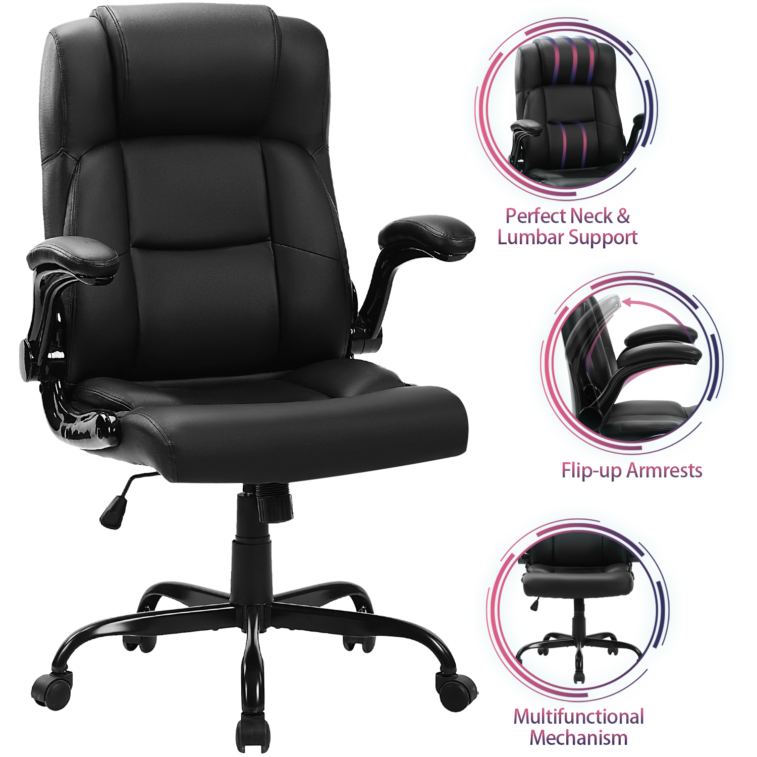 JONPONY Big and Tall Office Chair 400LBS Wide Seat Ergonomic Computer Desk Chair High Back Executive Leather Chair Adjustable Task Chair Lumbar Back Support 8 Hours Heavy Duty Design,Black - image 4 of 9