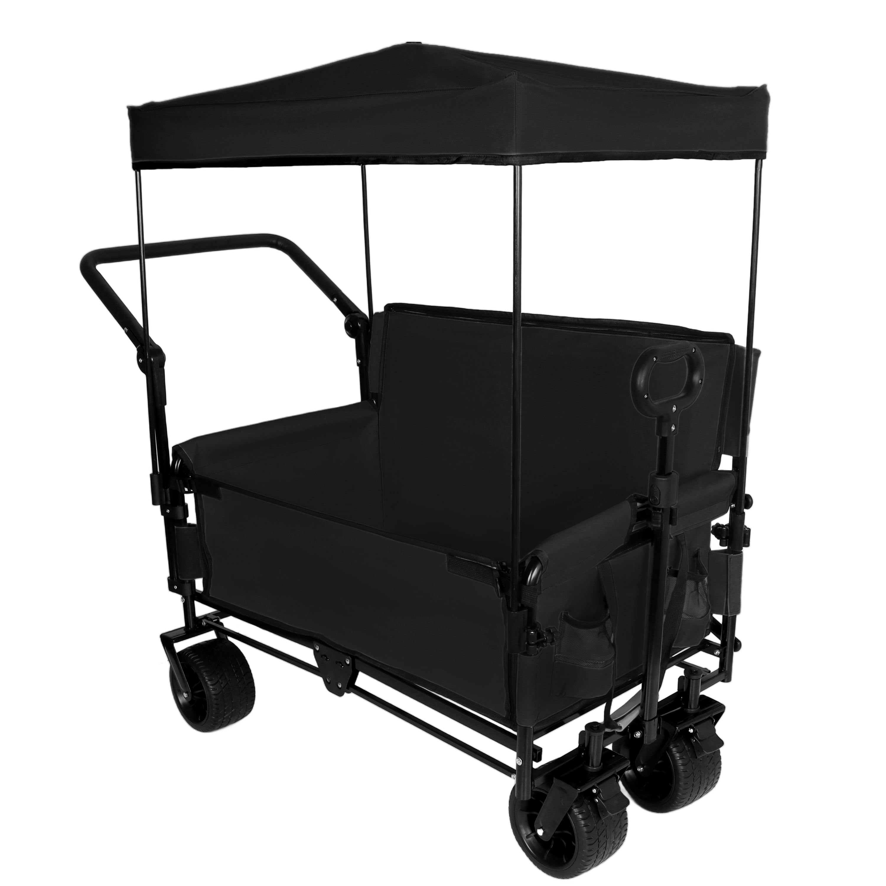 JXXRZ Folding Wagon with Seat & Canopy, 500lbs Heavy Duty All-Terrain Beach Cart, Black