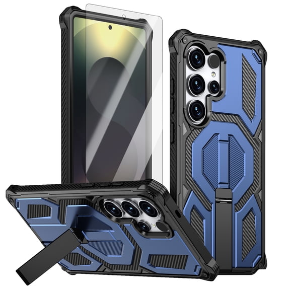Dteck Magnetic Case with Tempered Glass Screen Protector for Samsung Galaxy S24 Ultra,Shockproof TPU PC Case Compatible with Mag Safe Kickstand Back Cover for Samsung Galaxy S24 Ultra,Blue