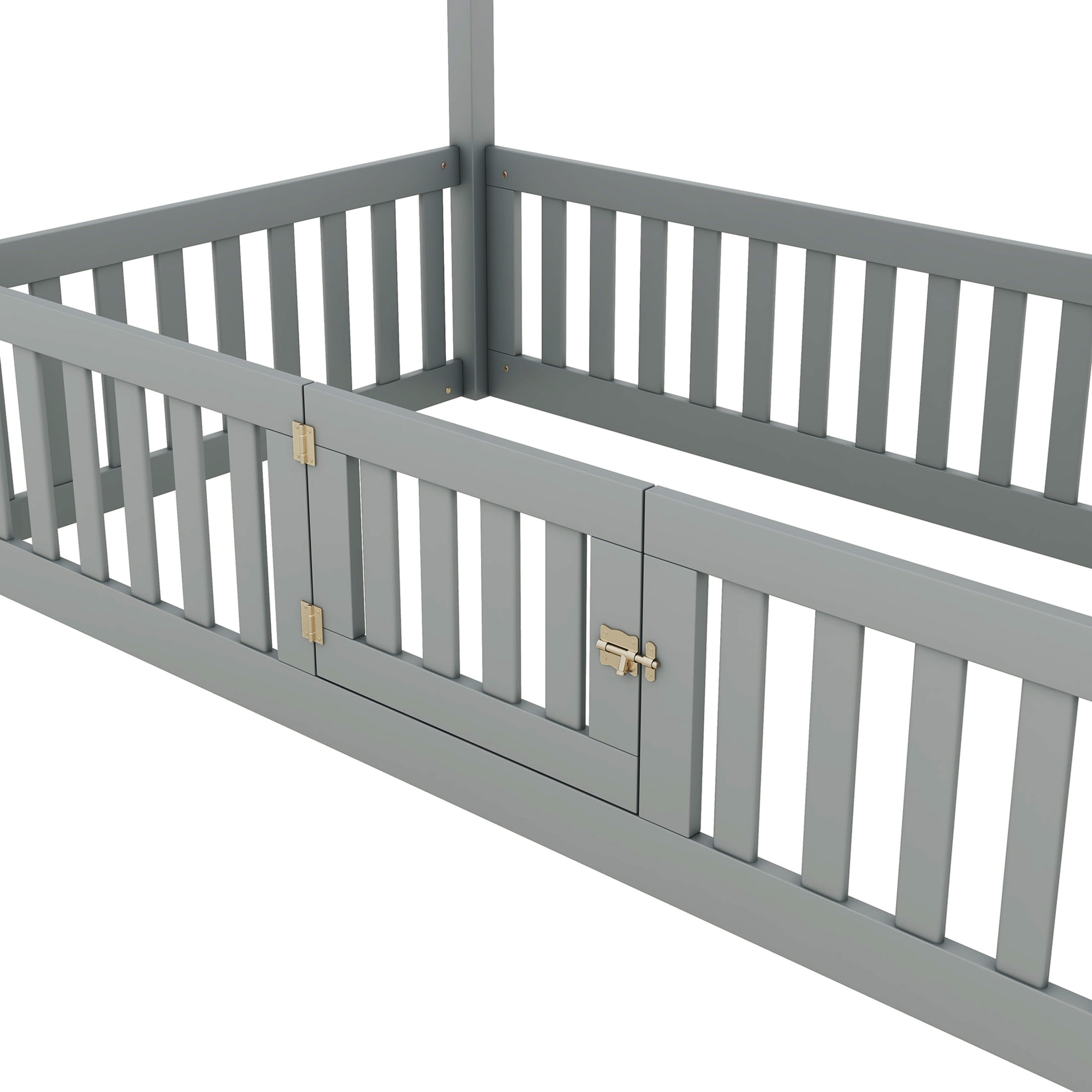 Noble House Solri Twin Size Wood House Bed with Fence and Door, Whimsical Play Bed with Sky Roof, Gray
