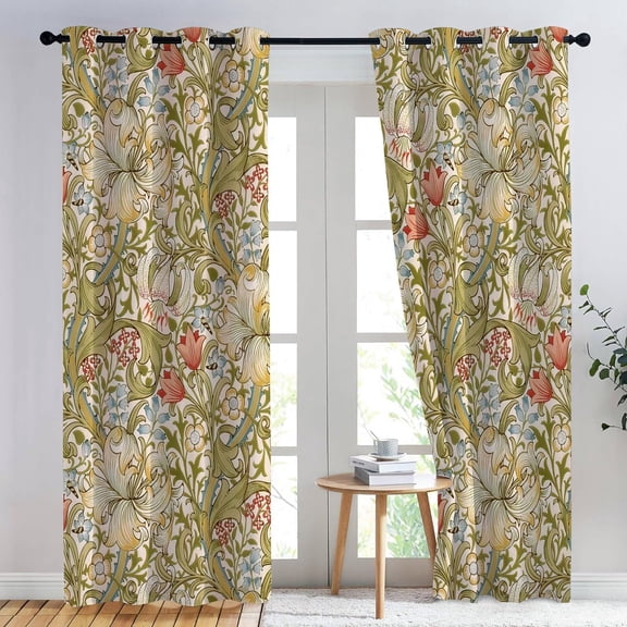 Home Decor Indoor Window Curtains, Vintage Lily Art Nouveau Floral Lightweight Set with Grommet Top, Blackout Curtains for Bedroom Living Room or Dining Room 26"W x 54"L (Pack of 2)