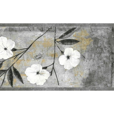 Dundee Deco Peel and Stick Wallpaper Border - Floral White, Gray, Brown, Black Abstract Flowers Wall Border Retro Design, 15 ft x 7 in (4.57m x 17.78cm), Self Adhesive