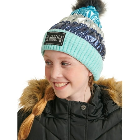 Justice Girls Metallic Aqua Mist Colorblock Quilted Beanie with Faux Fur Pom and Gloves, 2-Piece Set
