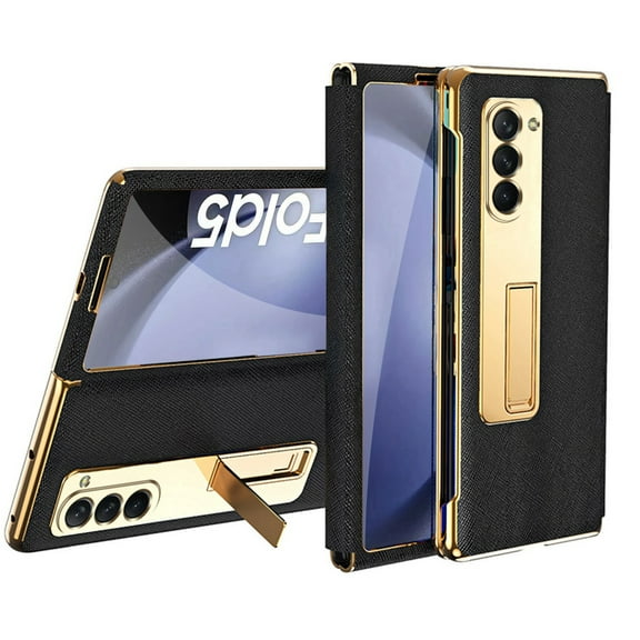 ELEHOLD Plating Leather Case for Samsung Galaxy Z Fold4,Built-in Screen Protector Premium Leather Metal Hidden Kickstand Shockproof Cover for Samsung Galaxy Z Fold 4,Black