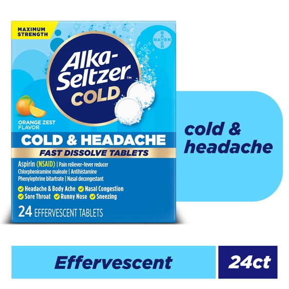 Alka-Seltzer Cold, Cold & Headache Max Strength Fast Dissolve Tabs, Orange Flavor, 24 Count