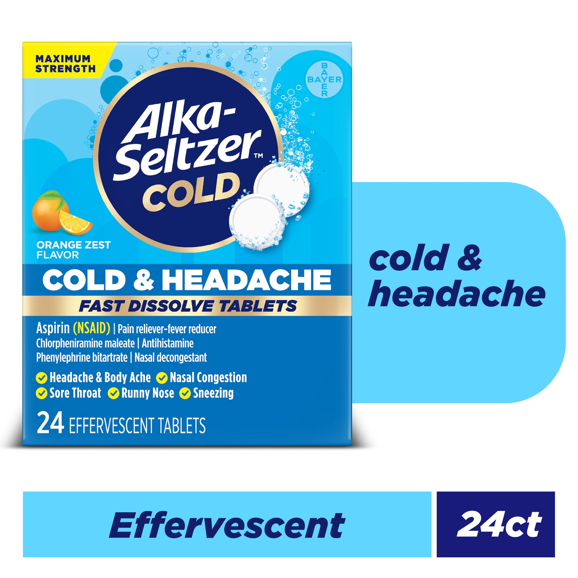 Alka-Seltzer Cold, Cold & Headache Max Strength Fast Dissolve Tabs, Orange Flavor, 24 Count