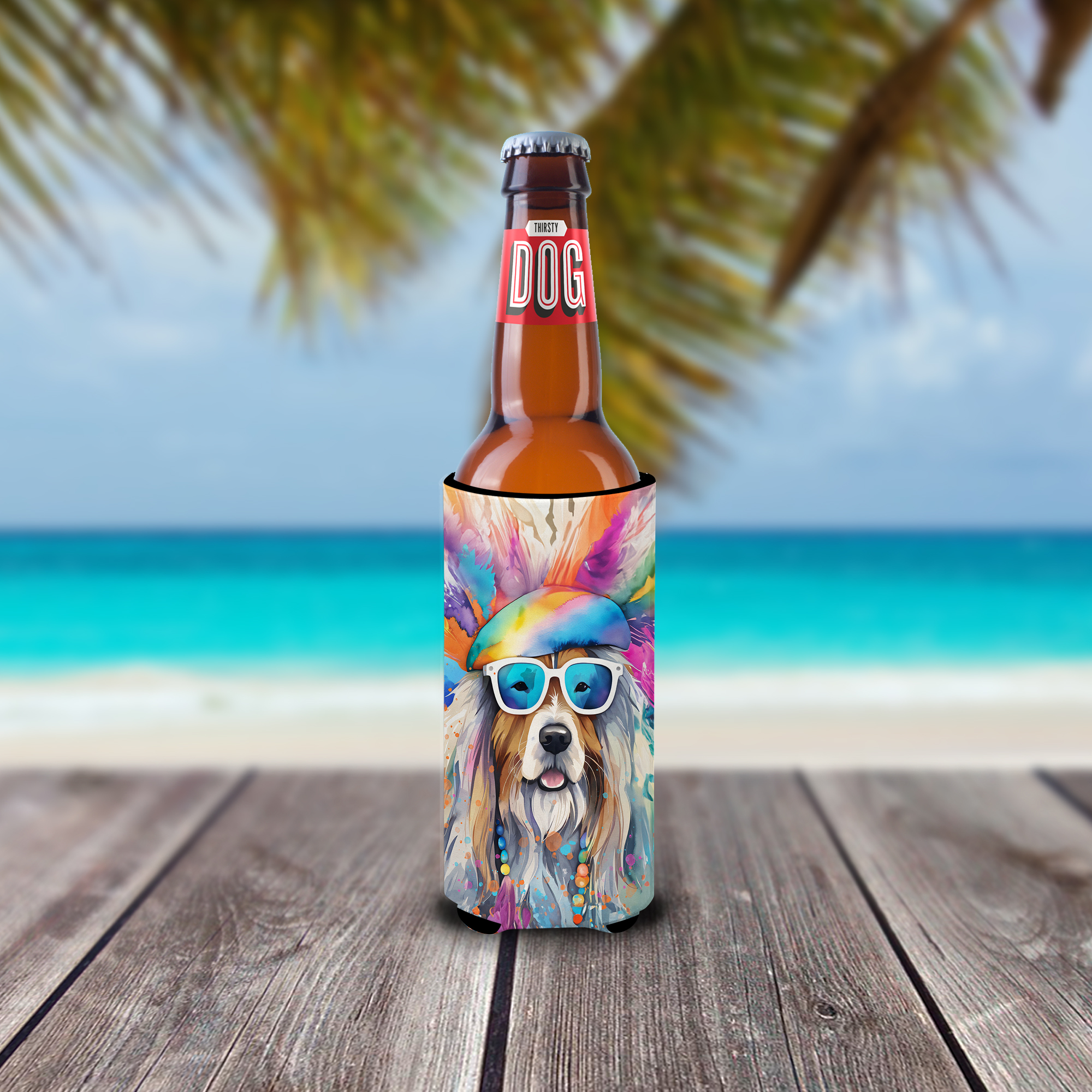 Bearded Collie Hippie Dawg Hugger for Ultra Slim Cans 4 in x 6.5 in