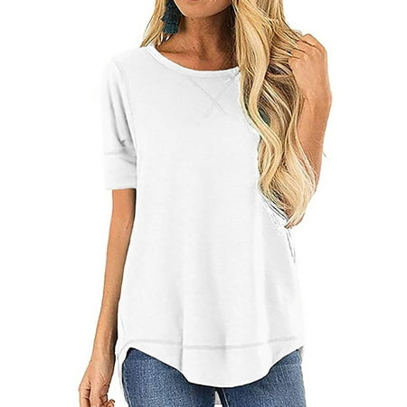 SHIBEVER Summer Short Sleeve T-Shirts for Women Fashion Trendy Loose Cute Tunic Casual Crew Neck Tops White Blouse Size XL