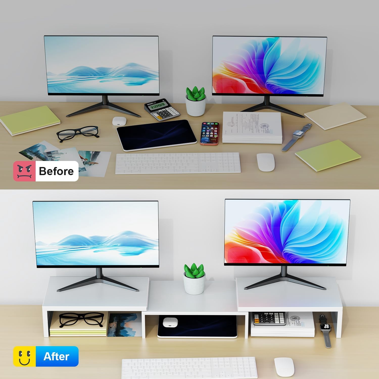 Dual Monitor Stand for Desk, Metal Computer Stand, Desk Shelf Riser,Desktop Organizer for Home and Office Use (Black)