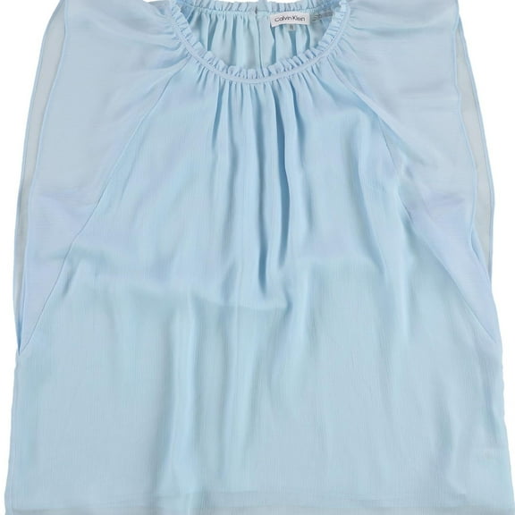 Calvin Klein Womens Chiffon Flutter Sleeve Pullover Blouse, Blue, X-Large