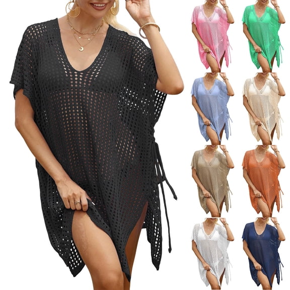 zaveiop Women's Loose Swimsuit Crochet Sexy V Neck Swim Coverups Bathing Suit Bikini Cover up Vacation Summer Beach Dresses (Blue, One Size)