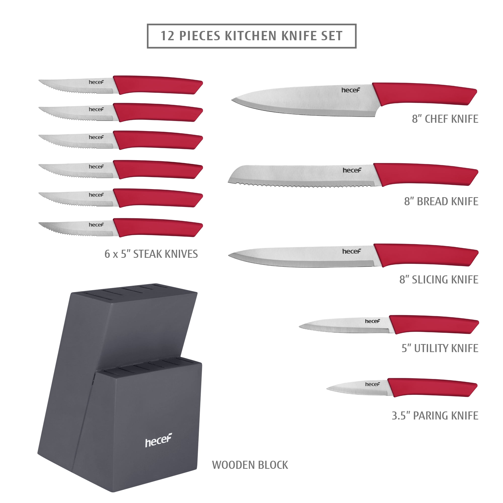 Hecef 12 Pcs Kitchen Knife Set with Wooden Block, Steak Knives, Stainless Steel Chef Knife