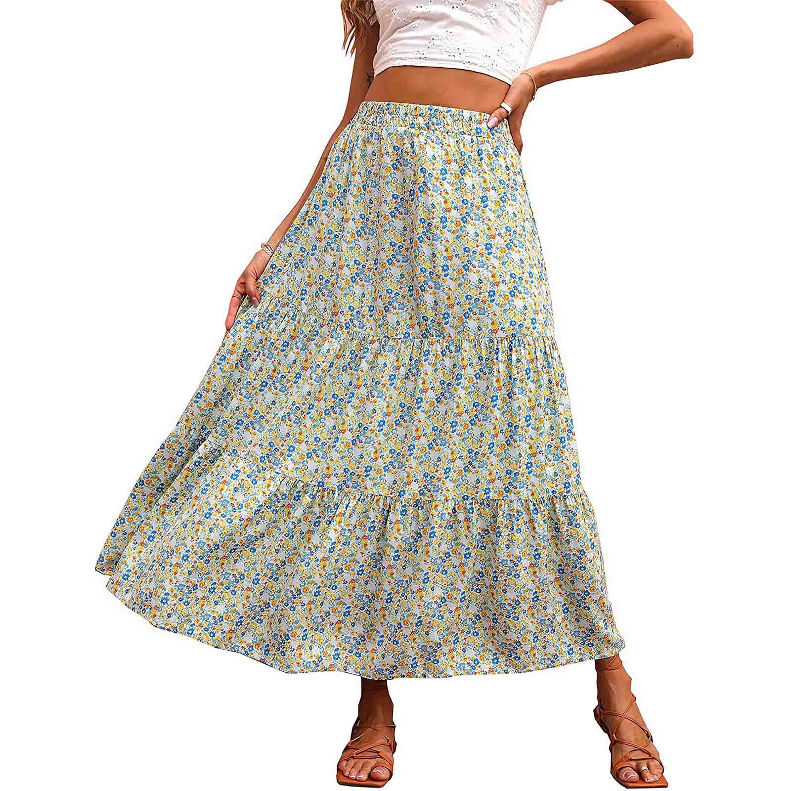 【Cozy&Kitsch】One Pocket Shirring Long Skirt WREESH Women's 2025 Boho Floral Printed Maxi Skirts Elastic