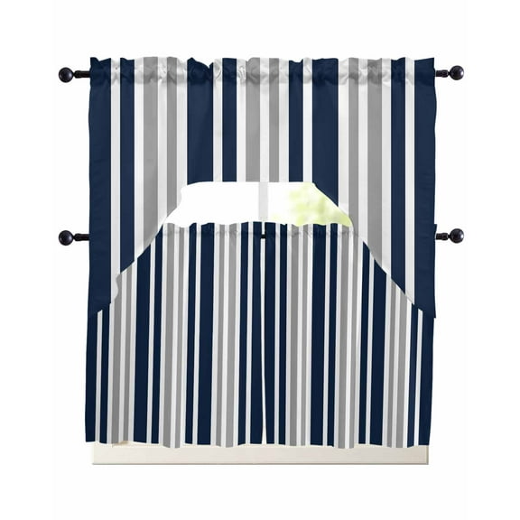 Navy Blue Grey Striped Kitchen Curtains Sets 24 Inch Length with Valance, Modern Minimalist Ombre Lines Swag Valances and Tiers Curtain Set Drapes Swag Curtains for Living Room, Bathroom, Bedroom
