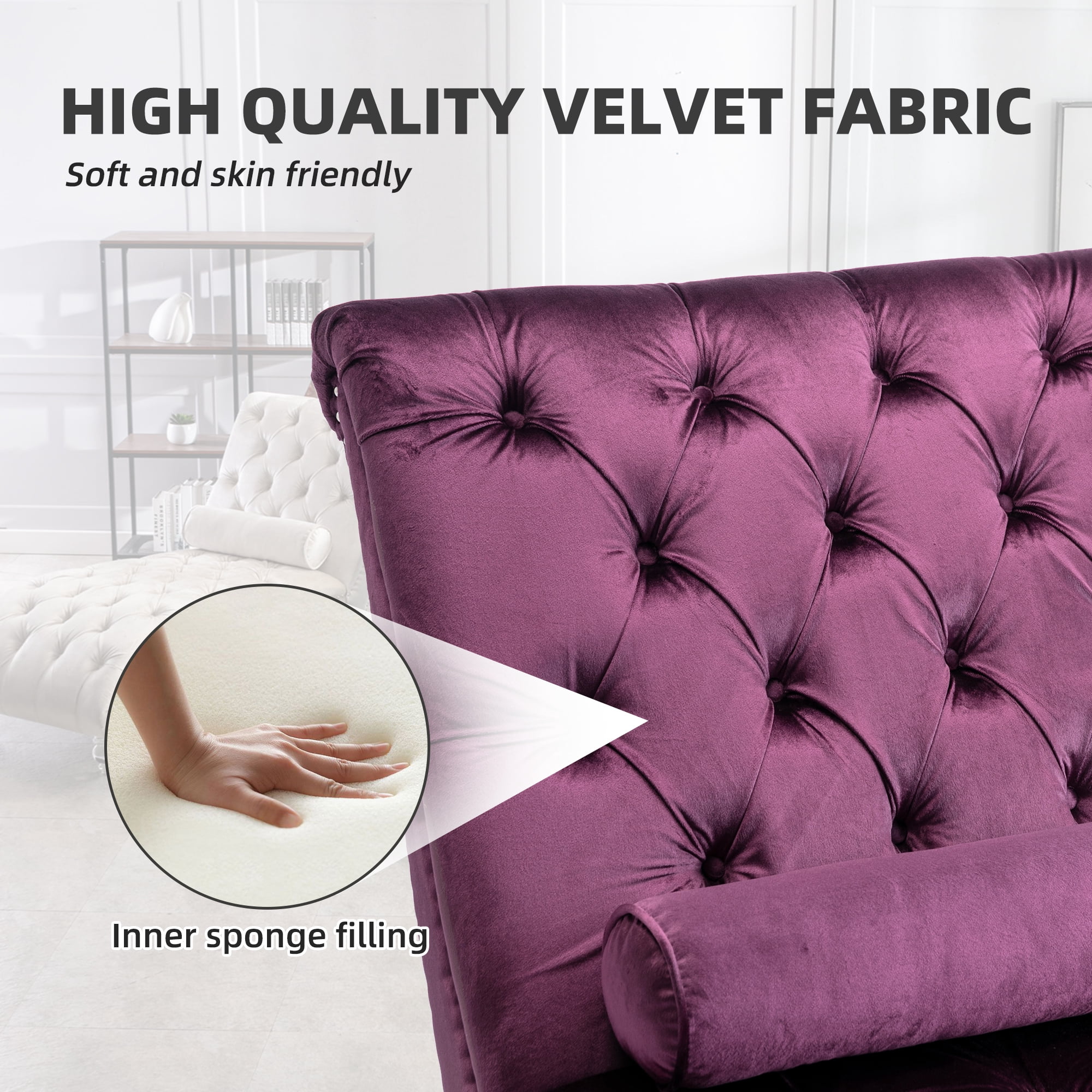 MOONMISS Velvet Chaise Lounge Chair Button Tufted Upholstered with Pillow Indoor