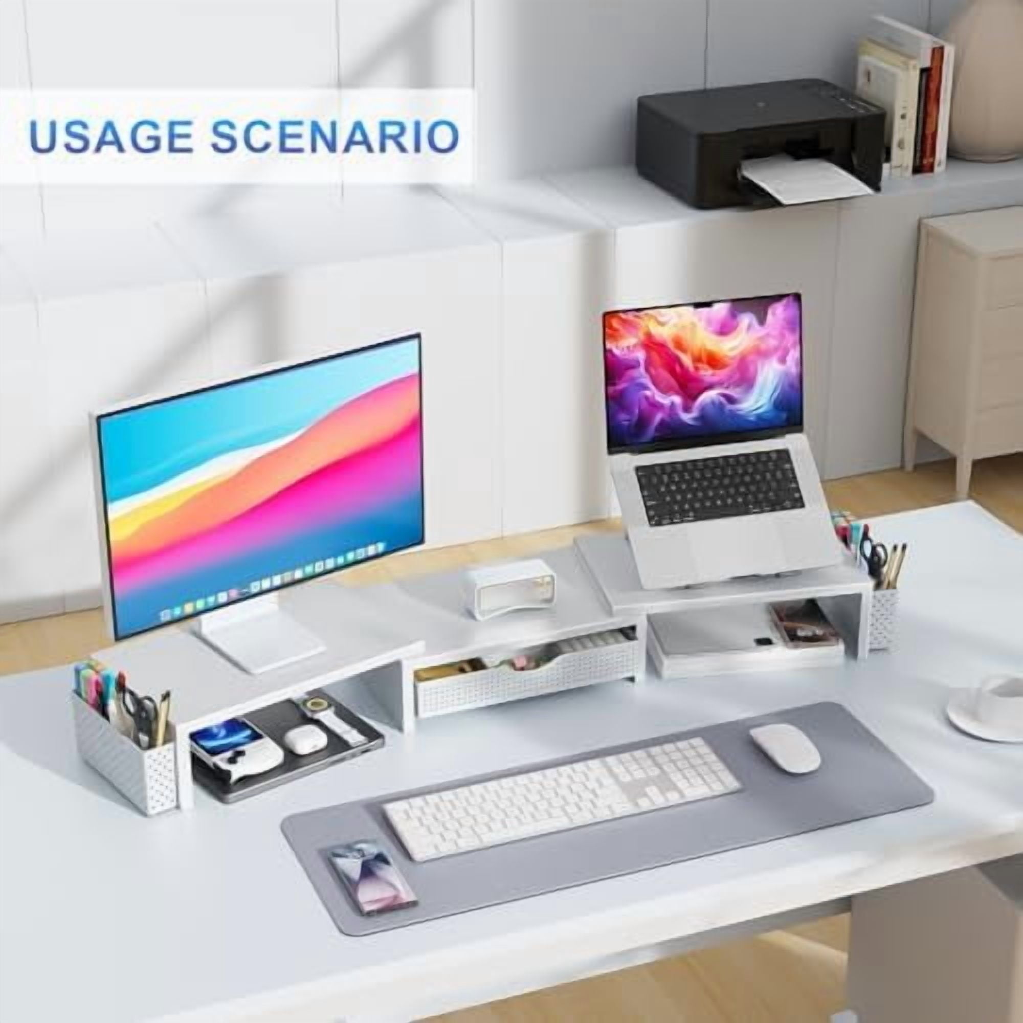Dual Monitor Stand Riser, Desk Organizer With Drawer and 2 Pen Holders, Monitor Stand for Desk, Office Decor Essentials (White)
