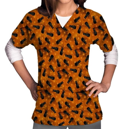 

Simplmasygenix Graphic Pumpkin Tops for Women Short Sleeve V-neck Tops Uniform Printed Pockets Blouse Nursing