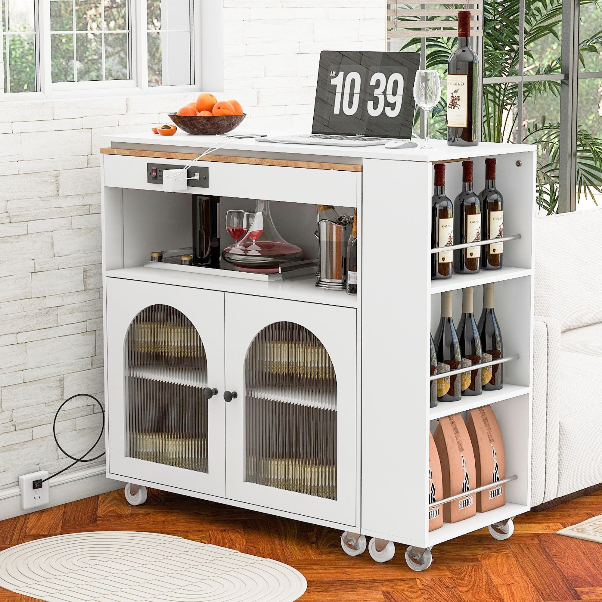 Alvantor 73.5" Rolling Kitchen Island with Extendable Table, LED Lights, Power Outlets, White