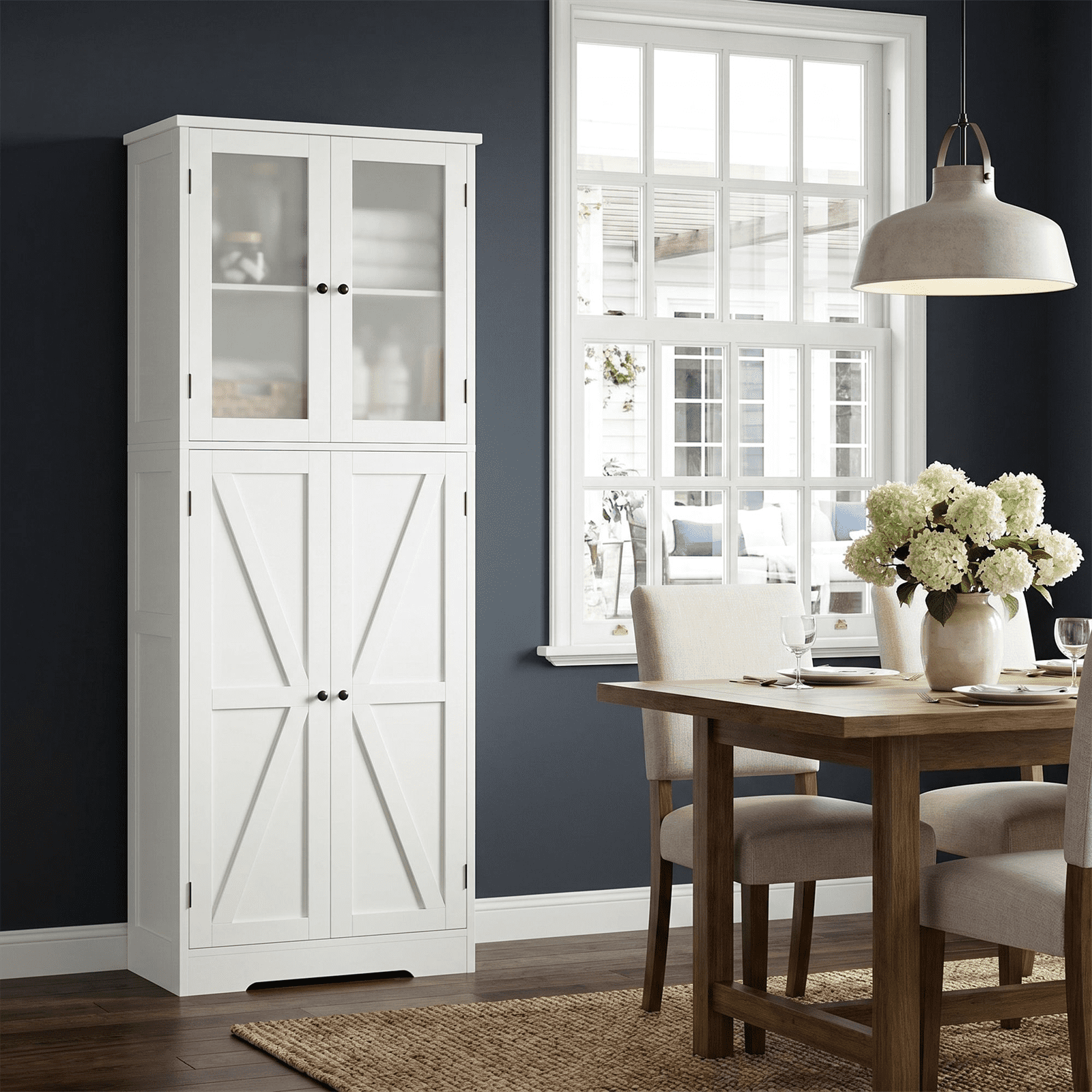 Homfa 67" Farmhouse Kitchen Pantry Storage Cabinet with Glass Doors, Freestanding Cupboard Storage Cabinet for Small Space, White