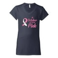 thumbnail image 2 of In October We Wear Pink Awareness Womens V-Neck Tee, Navy, Medium, 2 of 3
