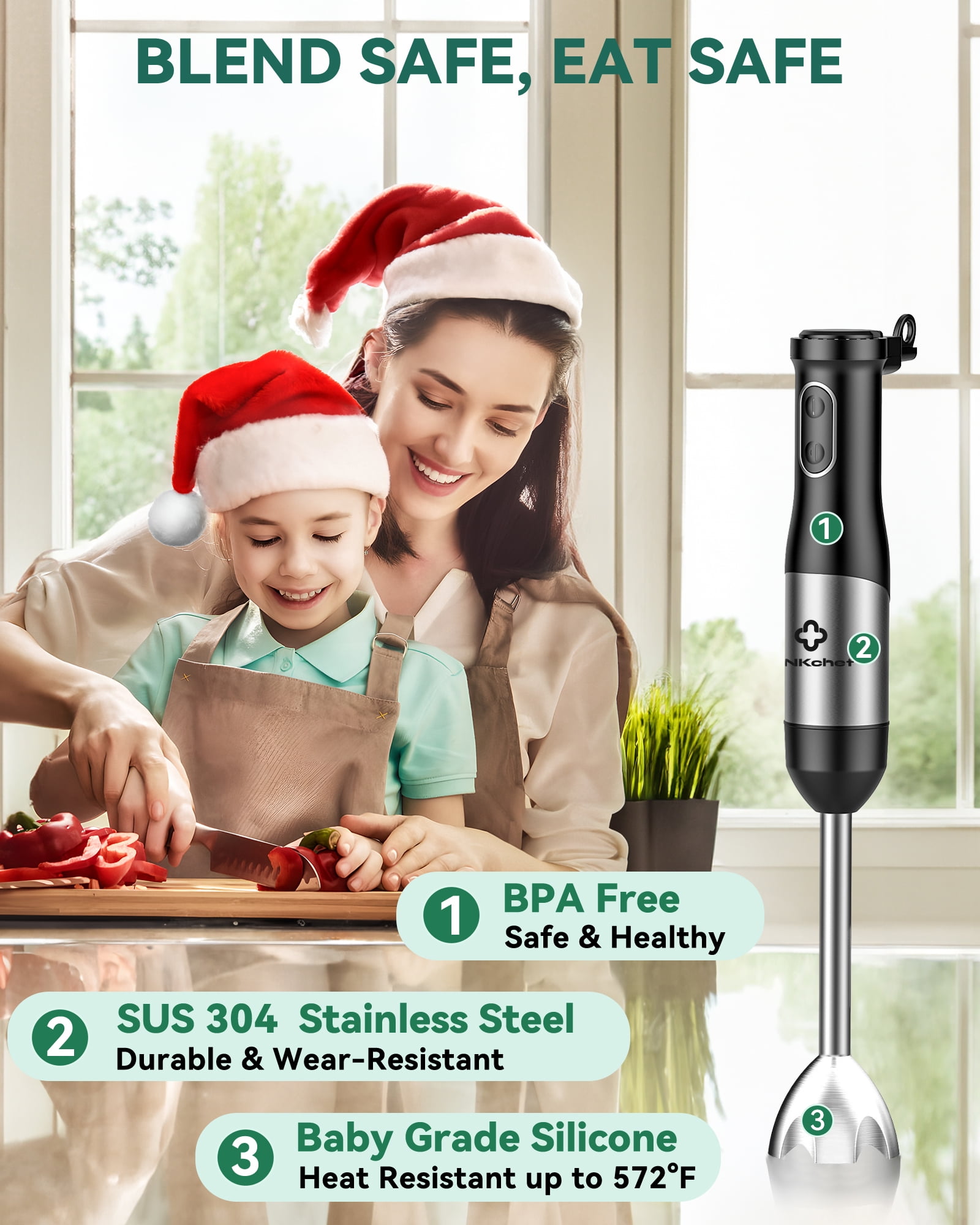 Immersion Blender, LINKChef 20-Speed 7-in-1 Hand Blender with Storage Bracket, Stick Blender with 304 Stainless Steel Blades, 600ml Beaker (Black)