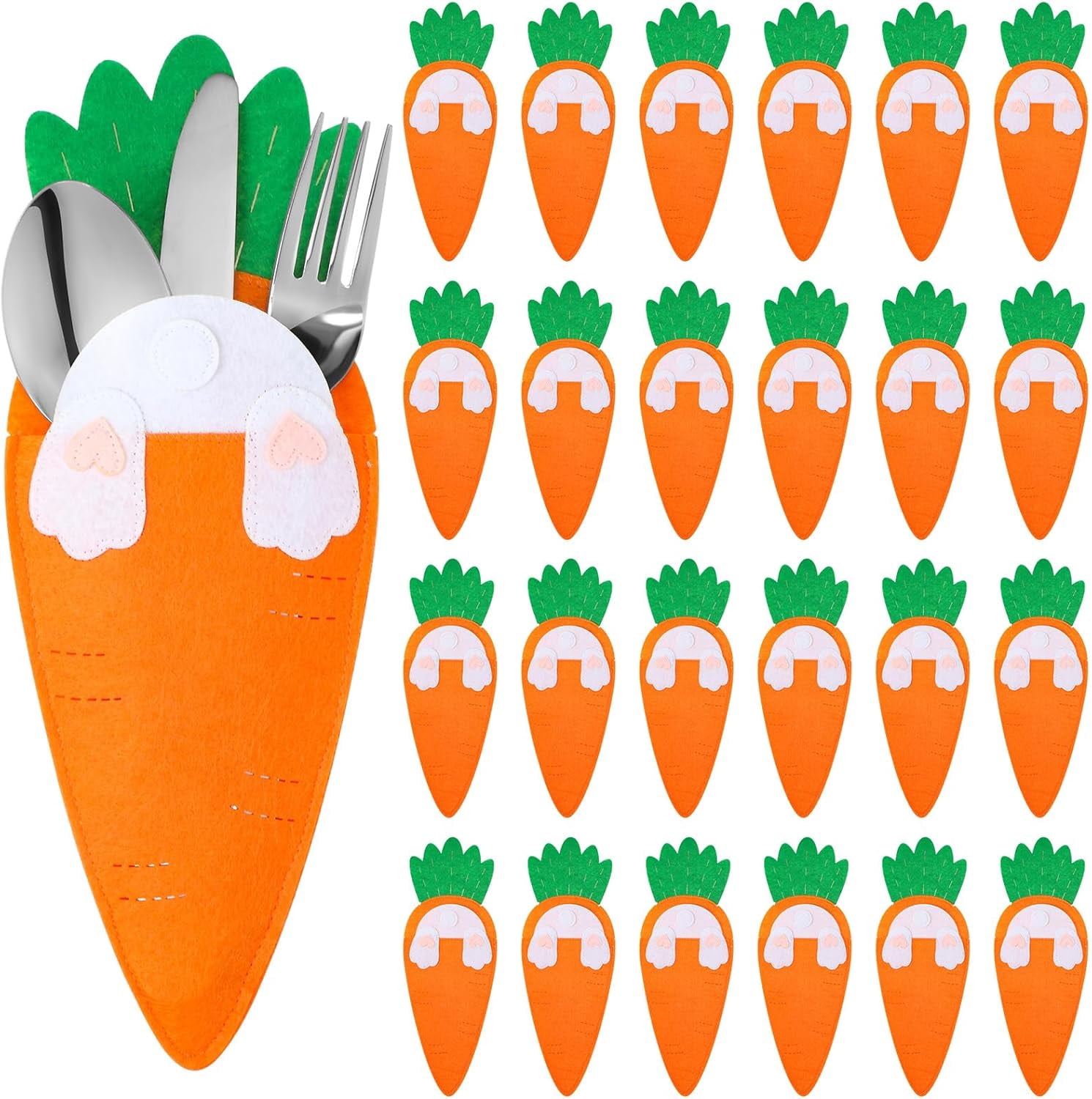 12 Pcs Easter Carrot Utensil Cutlery Holders Bag Felt Bunny Fork Cutter Pouches Silverware Pocket Bag for Easter Home Spring Party Table Decoration Knife Forks Organizer