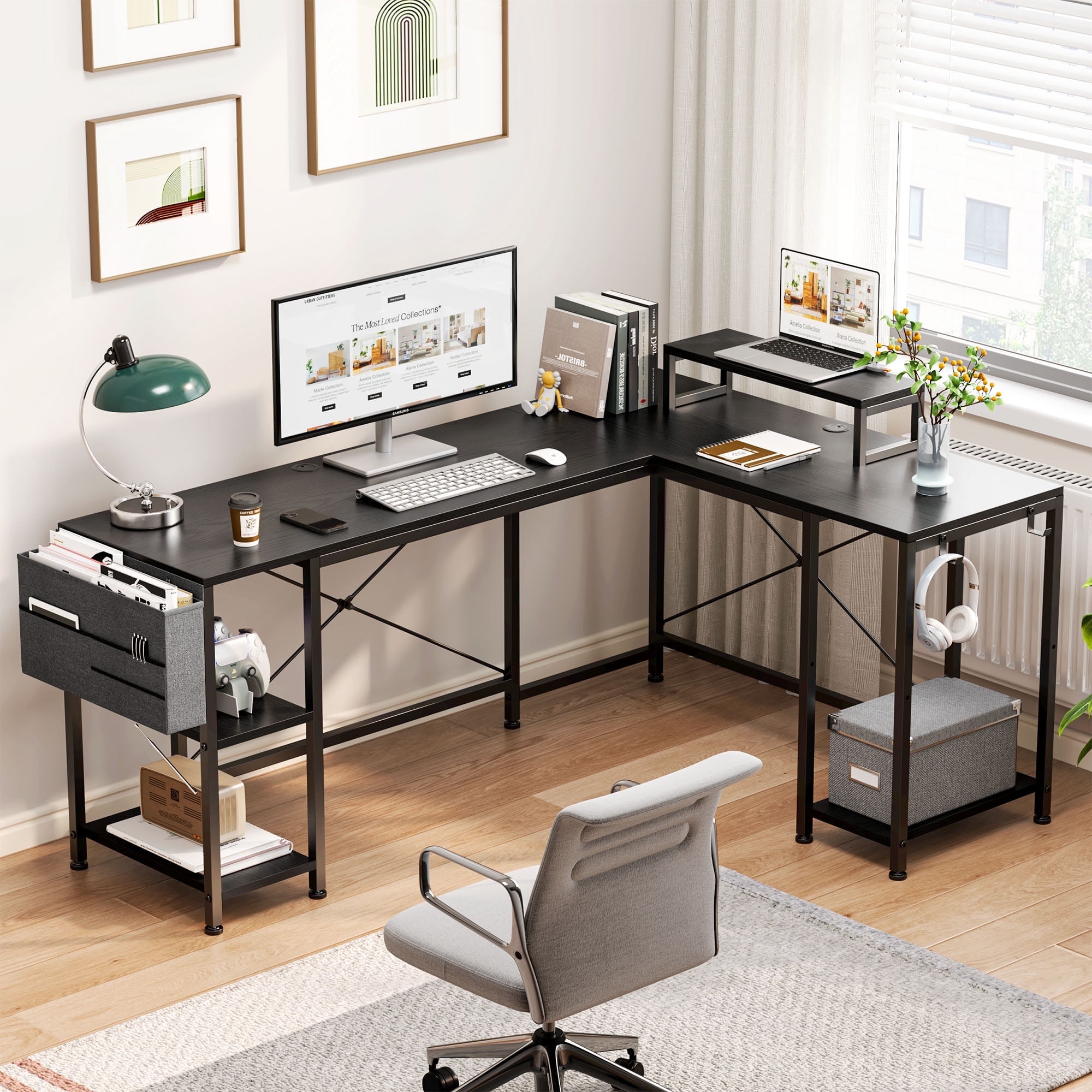 GIKPAL 59 Inch L Shaped Desk, Reversible Computer Desk with Monitor Stand, Office Desk with 3 Shelves and Storage Shelf, Home Office Desk, 80.2in GIKPAL 59 Inch L Shaped Desk, Reversible Computer Desk with Monitor Stand, Office Desk with 3 Shelves and Storage Shelf, Home Office Desk, 80.2in