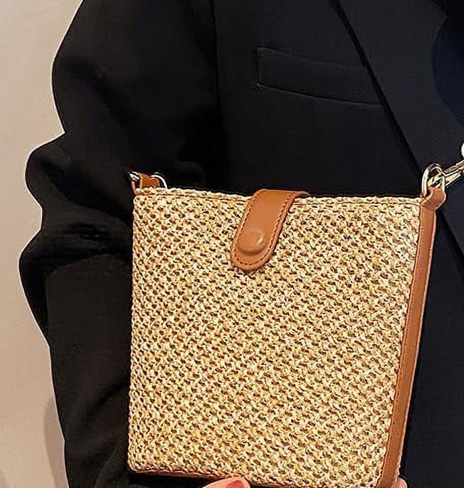 CAILDANL Women Straw Crossbody Bag Beach Handmade Rattan Shoulder Bags Hand Woven Leather Straps Straw Clutch Purse Vacation