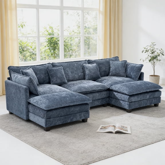 Felizpace 113" Modular Sectional Sofa with 2 Ottoman, 3-Seater Cloud Couch with Extra Thicked Deep Seat, U Shaped Chenille Upholstered Sofa Set for Living Room, Blue
