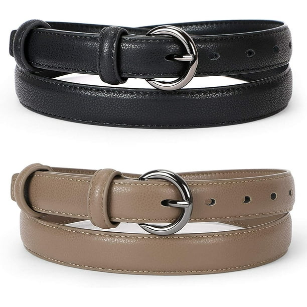 2 Pack Women Skinny Leather Belts,Thin Dress Waist Belt for Jeans with Pin  Buckle 