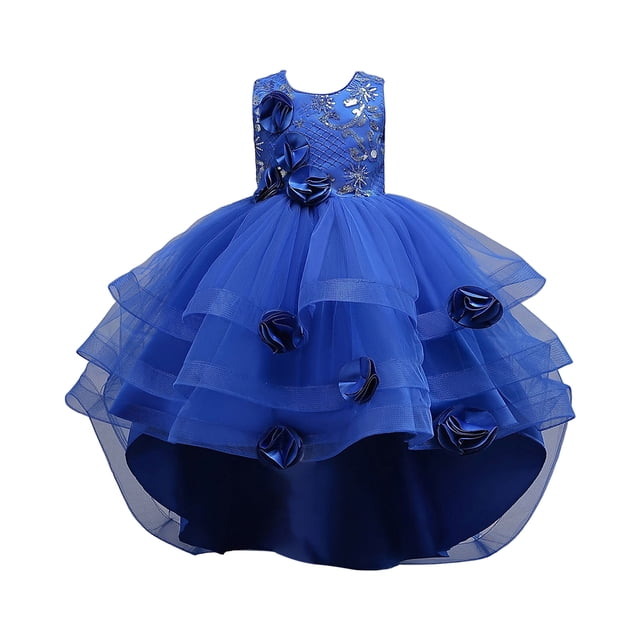 Splozh Robes Filles Robes de Noël Filles Robe Brodée Enfants Sans Manches Mariage Anniversaire Fête Longue Traîne Robes de Bal Bleu,5-6 Ans